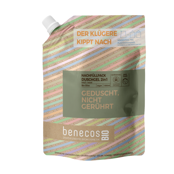 benecosBIO Nachfüllbeutel 1000 ml Duschgel 2in1 BIO-Olive Haut & Haar - GEDUSCHT, NICHT GERÜHRT 1000