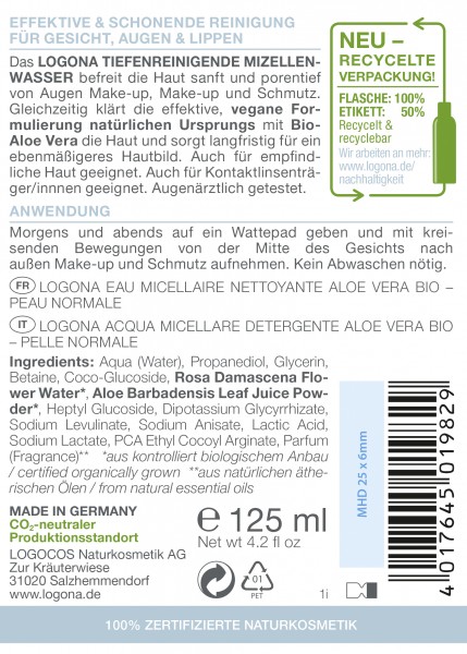 Logona CLASSIC Tiefenreinigendes Mizellenwasser Bio-Aloe Vera 125 ml