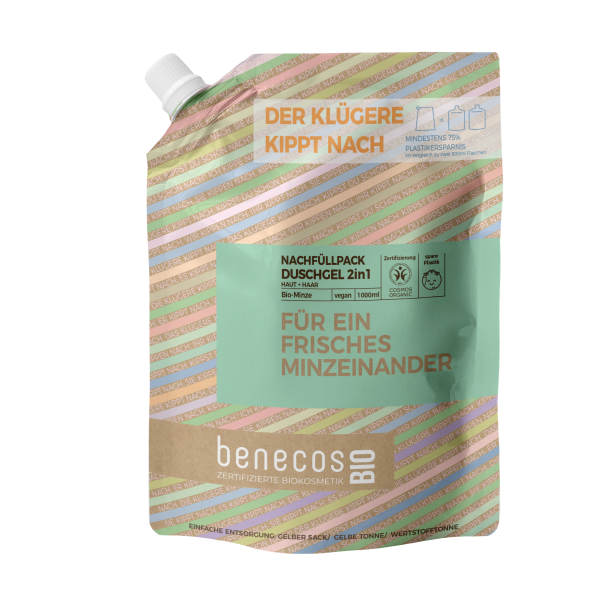 benecosBIO Nachfüllbeutel 1000 ml Duschgel 2in1 BIO-Minze Haut & Haar - FÜR EIN FRISCHES MINZEINANDE