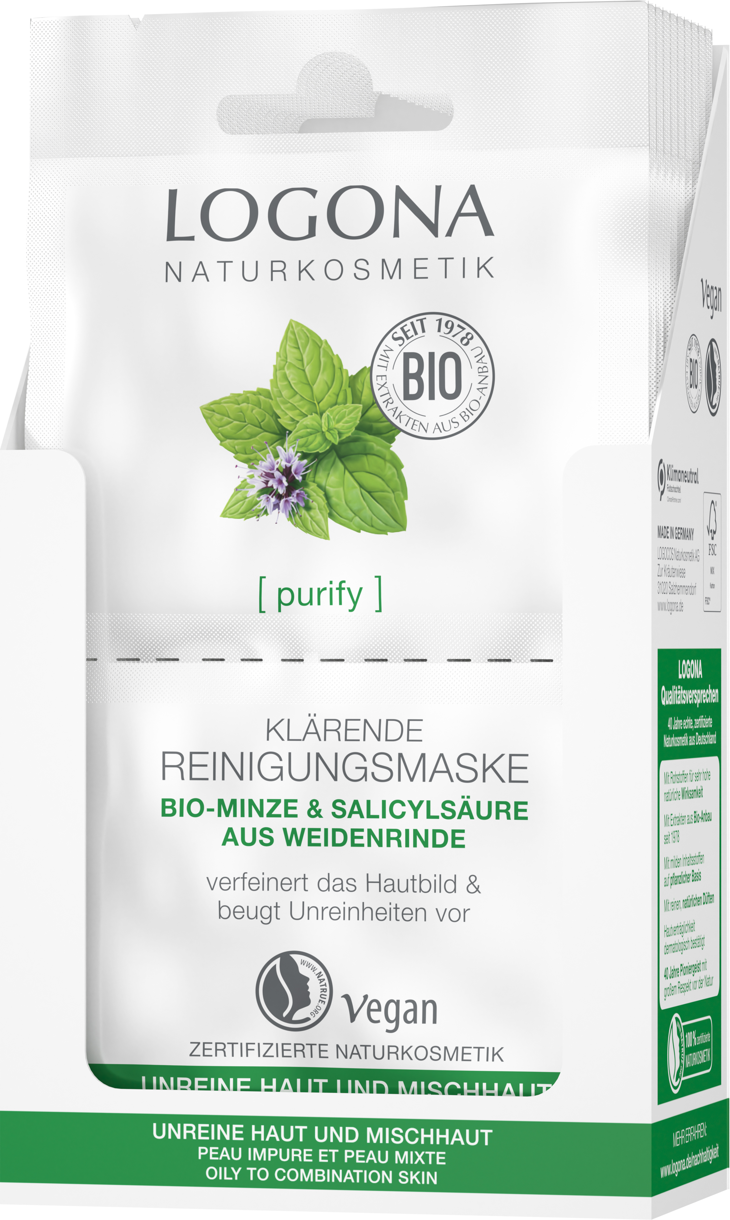 Logona PURIFY Klärende Reinigungsmaske Bio-Minze & Salicylsäure aus der  Weidenrinde 15 ml | NATRACTIV Bio Naturkosmetik Onlineshop