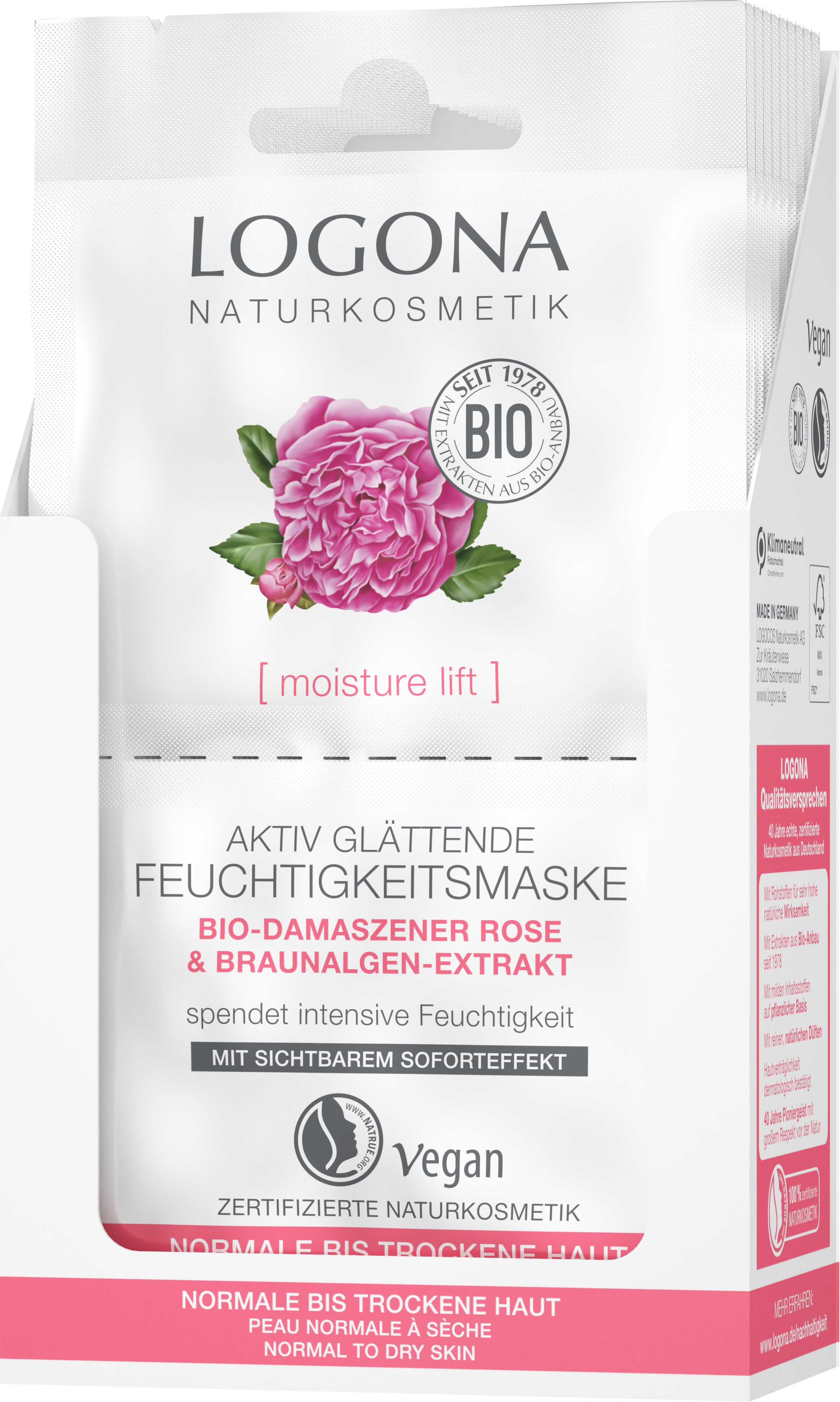 Logona MOISTURE LIFT Aktiv Glättende Feuchtigkeitsmaske Bio-Damaszener Rose  15 ml | NATRACTIV Bio Naturkosmetik Onlineshop