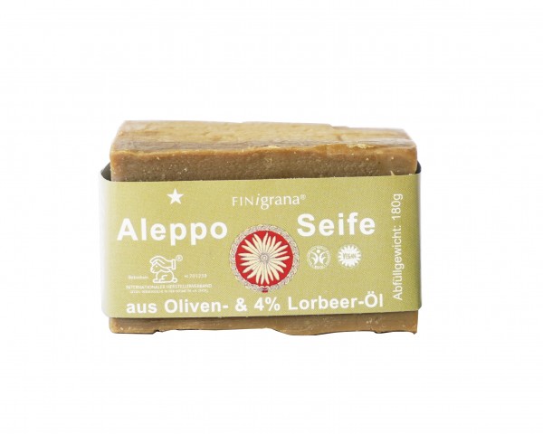FINigrana® Naturkosmetik FINigrana Aleppo Olivenseife mit 4% Lorbeeröl, 180g traditionell handgeschn