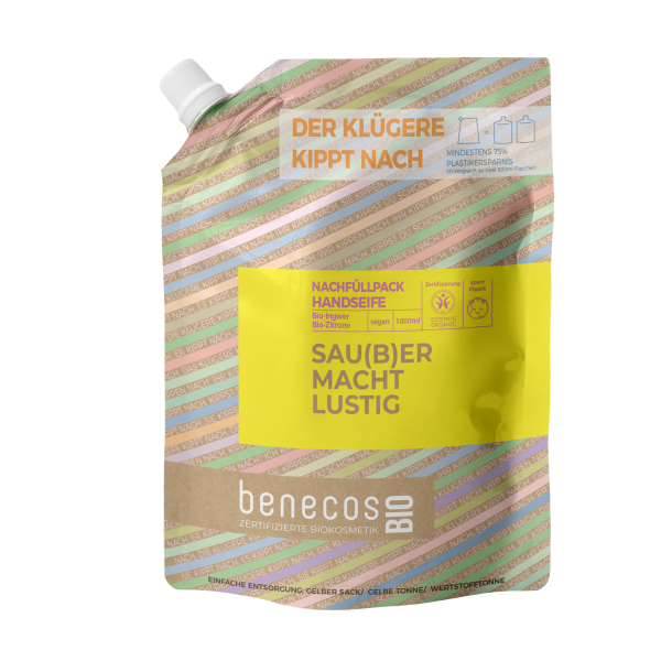 benecosBIO Nachfüllbeutel 1000 ml Handseife BIO-Ingwer + BIO-Zitrone - SAU(B)ER MACHT LUSTIG 1000 ml