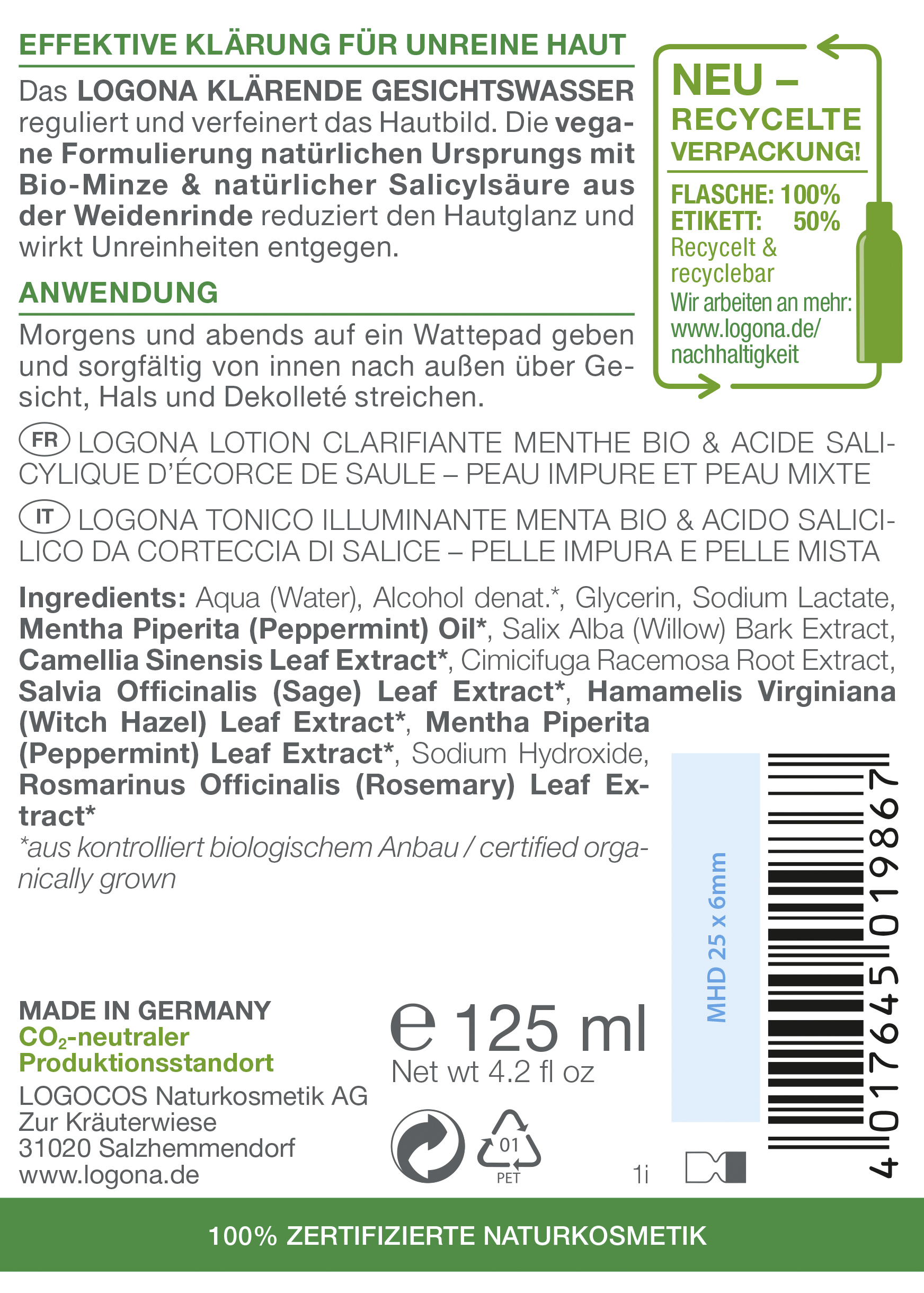Logona PURIFY Klärendes Gesichtswasser Bio-Minze & Salicylsäure aus der  Weidenrinde 125 ml