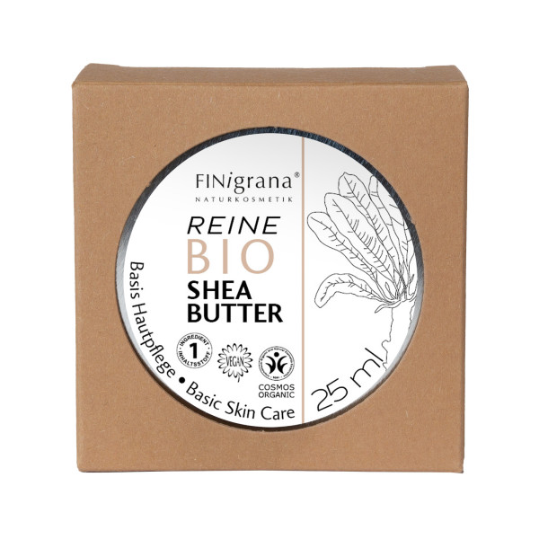 Reine Bio Shea-Butter Körperbutter 25ml in Weißblechdose, Umkarton von FINigrana® Naturkosmetik – Produktabbildung 1