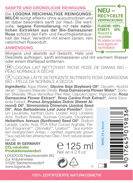 Logona MOISTURE Reichhaltige Reinigungsmilch Bio-Damaszener Rose 125 ml